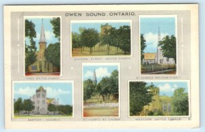 OWEN SOUND, Ontario Canada ~ Multi View CHURCHES ca 1920s Postcard