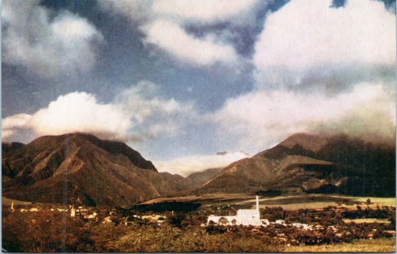 Postcard Hawaii Maui Isle - Wailuku with mountains and sugar cane mill