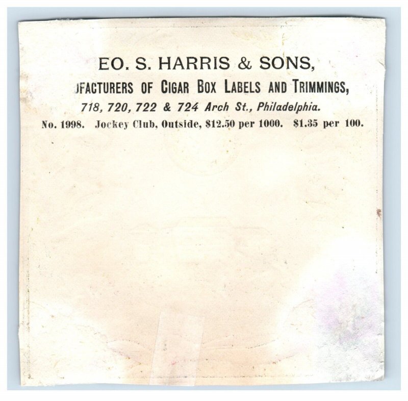 1870's Jockey Club Geo S Harris Cigar Box Label #6KE
