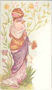 Charming Original Antique Victorian Trade Card - Lovely Lady Butterfly Flowers