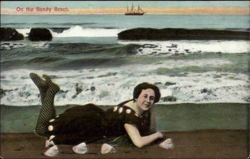 Bathing Beauty w/ Shells on Beach Early 1900s Fashion c1910 Postcard