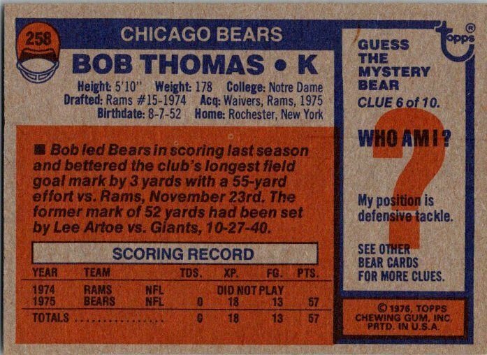 1976 Topps Football Card Bob Thomas Chicago Bears sk4205