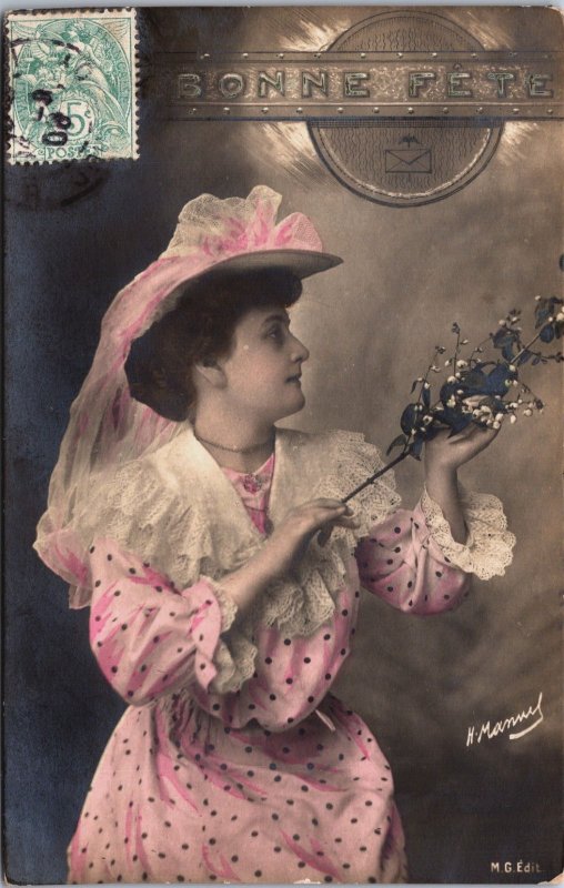 Art Nouveau Lady Bonne Fete Vintage RPPC C071