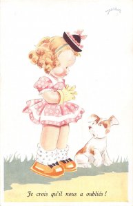 B092 Art Cute Girl and Dog Je crois qu'il nous a oublies! vintage postcard
