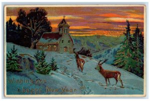 1910 New Year Church Deer Scene Winter Gel Gold Gilt Duquoin IL Antique Postcard