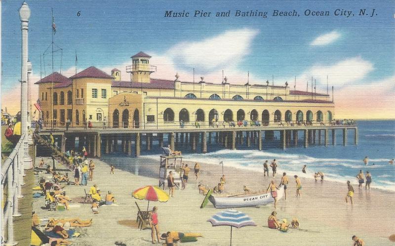 Music Pier and Bathing Beach, Ocean City, N.J., Early Linen Postcard, Used