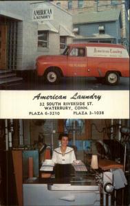 Waterbury CT American Laundry Delivery Truck & Worker c1950s Chrome Postcard