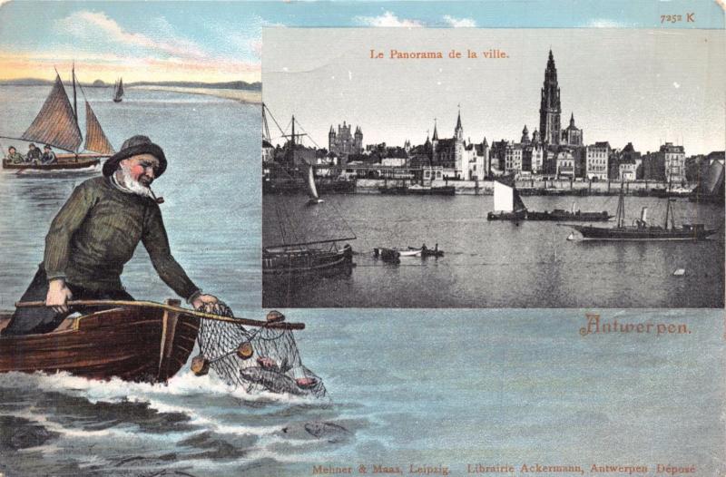 ANTWERPEN BELGIUM FISHERMAN NETTING FISH~LE PANORAMA de la ville POSTCARD 1900s