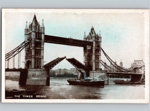 c1915 Tower Bridge Ship Boat London England Hand Tinted Colored RPPC Real Photo