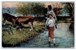 Neche North Dakota ND Postcard Greetings Couple And Cows Scene 1909  Antique