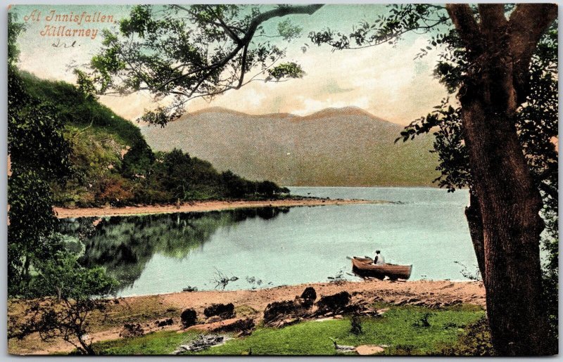 At Innisfallen Killarney Ireland Boating at Lake Overlooking Mountain Postcard