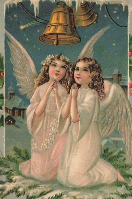 c1910 Angels Kneel Pray  Bells Frost Embossed Germany Christmas P113 