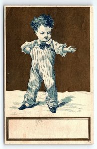 c1880 YOUNG BOY IN STRIPED COVERALLS VICTORIAN TRADE CARD P1950