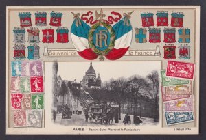 FRANCE, Postcard, Paris, Embossed Coats of Arms, Saint-Pierre Square, Funicular