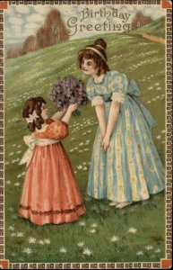 Birthday Little Sister Gives Flowers to Big Sister c1910 Vintage Postcard