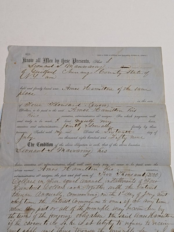 1859 Signed Handwritten Bond Document Guilford NY Financial Agreement