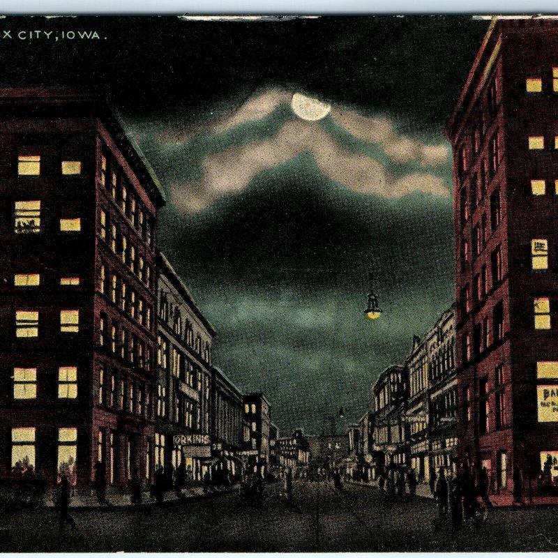 c1910s Sioux City, IA Night Fourth Street Postcard Main St Downtown Photo A33
