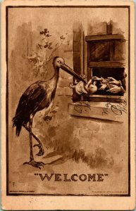 Vtg Carte Postale 1909 Cigogne Arrivant Livraison Bébé  Bienvenue  Roth &