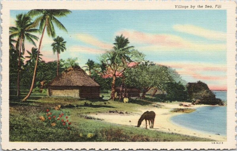 Village by the Sea Fiji Horse Hut Palm Trees UNUSED Vintage Linen Postcard D99