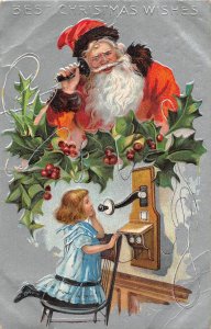 J47/ Santa Claus Christmas Postcard c1910 Telephone Girl Holly 101