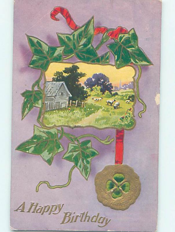 Divided-Back GREEN LEAVES & MEDALLION & COUNTRY SCENE o8969