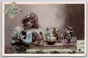 Christmas Noel RPPC Girl with Antique Nativity Set Stebbing Photo Postcard L35