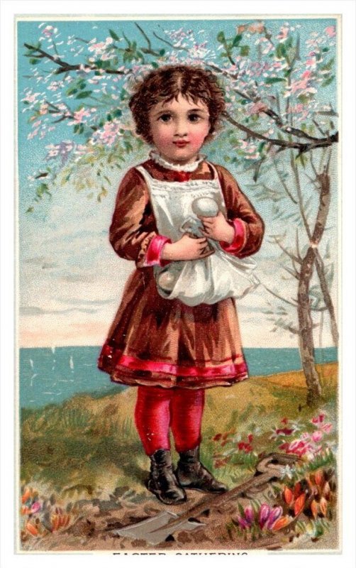 20014  Victorian Easter Card young girl, apron of rggs