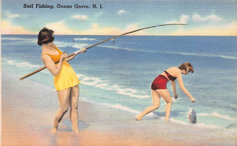 Surf Fishing, Ocean Grove, New Jersey, early linen postcard, unused