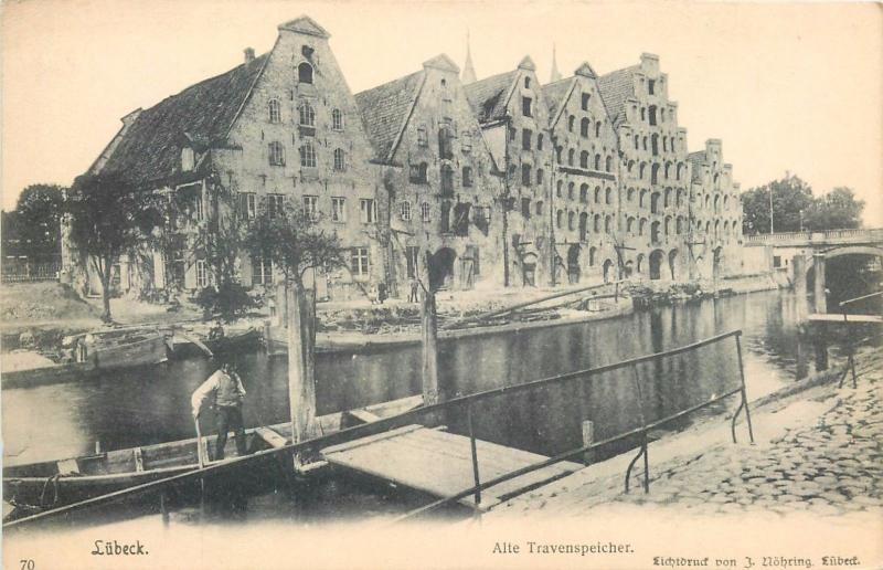 Ak Germany Lubeck Alte Travenspeicher boat bateau 1900s