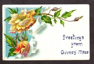 MA 1908 Greetings From Quincy Mass Postcard Massachusetts PC Flowers 1908