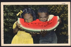 Black Americana Two Black Children eating Watermelon ~ LINEN