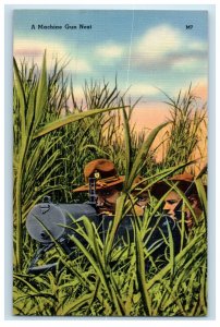 c1940 A Machine Gun Nest Military Men Grass Linen Army Unposted Vintage Postcard 