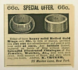 1884 K. Cruger Jewelry Victorian Original Print Ad 2V1-93 