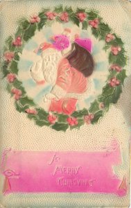 Embossed Airbrushed Santa Claus Christmas Postcard Holly Wreath & Toys, Dolls