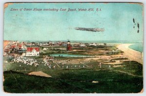 1916 WATCH HILL RHODE ISLAND LAWN OF OCEAN HOUSE OVERLOOKING EAST BEACH POSTCARD