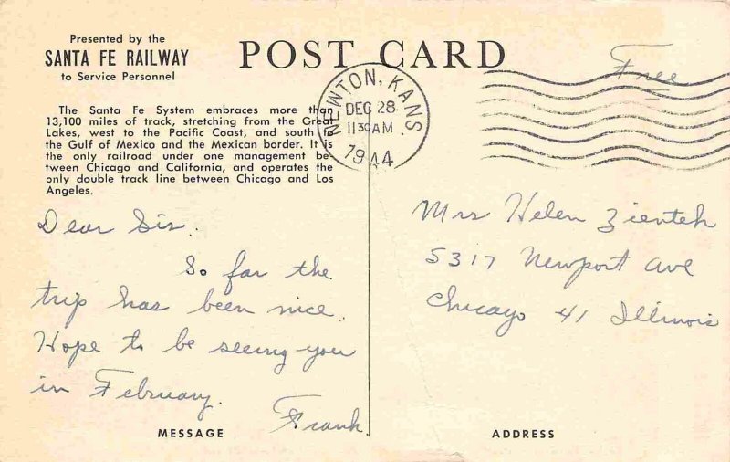 Santa Fe Railroad Freight Train California 1944 postcard 