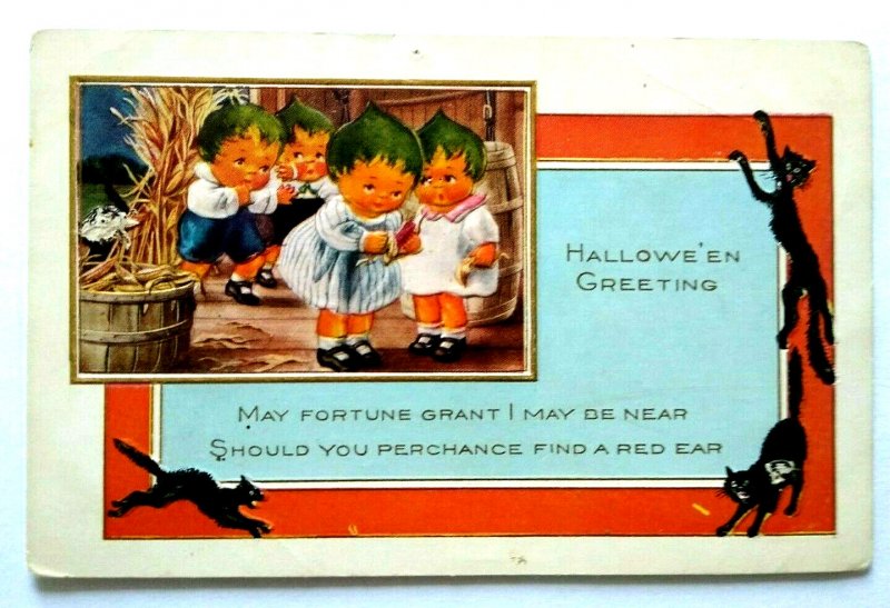 Halloween Postcard Whitney Pixies Green Hair Fantasy Children Black Cats Border