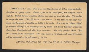 VICTORIAN TRADE CARD Home Light Oil 'Uncle Sam Supplying the World'