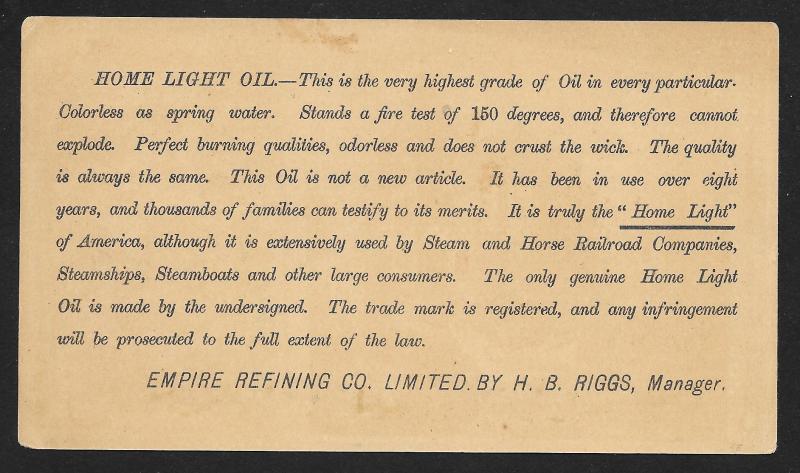 VICTORIAN TRADE CARD Home Light Oil 'Uncle Sam Supplying the World'