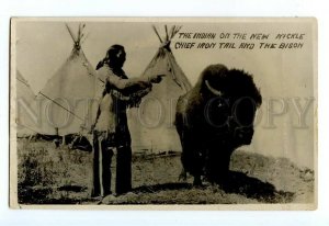 496961 USA American Indians new nickle chief Iron Tail and Bison photo postcard