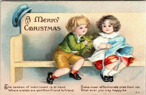 Postcard Clapsaddle A Merry Christmas Boy and Girl Embossed No. 1934 1917 A13