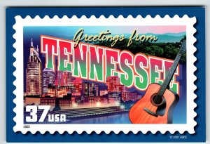 Greetings From Tennessee Large Letter Chrome Postcard USPS 2001 Guitar Buildings