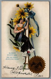 Postcard Illinois c1907 Large Letter I State Girl Seal & Flower Black Eyed Susan