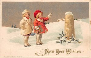 New Year Wishes Children W/ Holly Berries Winsch Vintage Postcard U4842