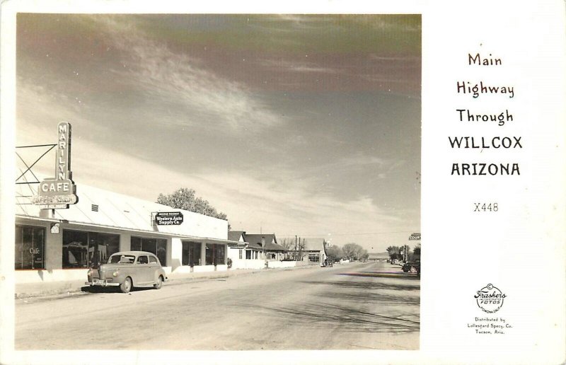 Wilcox Arizona 1940s Frasher Main Highway autos Cafe Postcard RPPC 24-8051