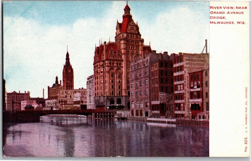 River View Near Grand Avenue Bridge Milwaukee WI UDB Vintage Postcard V14