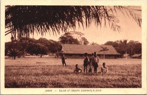 Gabon Church And Group Of Children In Oyem Vintage Postcard 09.11