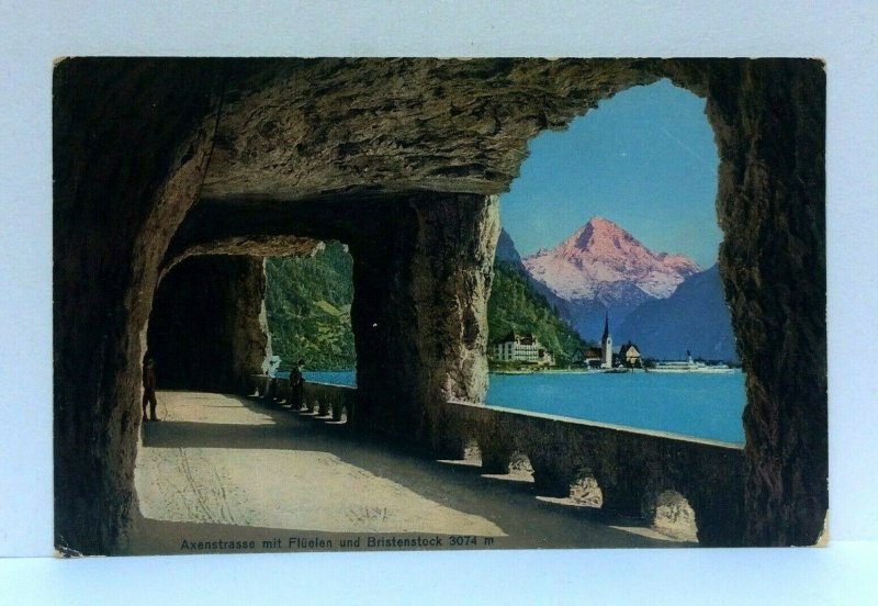 Switzerland Axenstrasse Motorway Fluelen Bristenstock Mountain Vintage Postcard