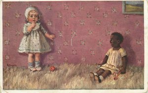 Art signed Postcard humanized doll ethnic types and scenes illustration