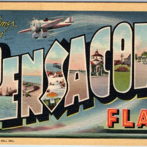 1939 Pensacola Fla Greetings Big Bubble Letter Linen Airplane Multi-View FL A221